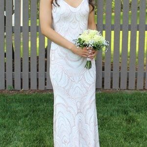White and Rose Gold Patterned Prom Dress